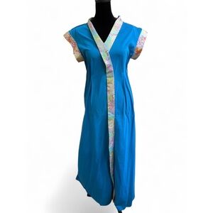 Gossard Artemis 1960s Vintage Blue Floral Long House Dress Loungewear Nightie